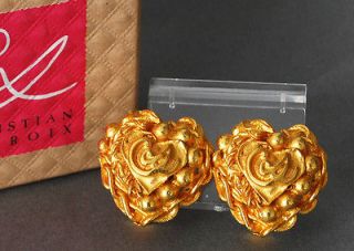 CHRISTIAN LACROIX Goldtone Heart Clip on Earrings w/ Box Made in 