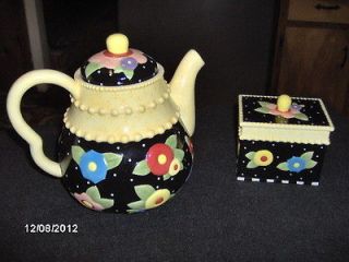 MARY ENGELBREIT TEA BLOSSOMS TEAPOT AND CADDY 2004 BROWNLOW BOTH 