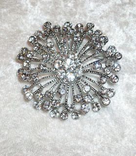 Vintage Jewelry Brooch Pin Silver Tone Metal Work Rhinestone Star 