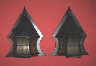 1920s MISSION ARTS & CRAFTS PORCH SCONCE PAIR W/ AMBER PEBBLE GLASS