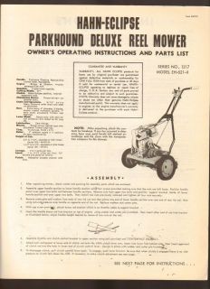   Hahn Eclipse Parkhound Reel Mower 1217 Instructions Parts List