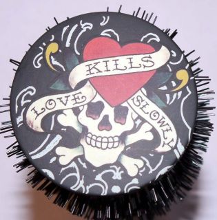   Hardy Black LOVE KILLS SLOWLY Skull Heart Large Round Hair Brush NWT