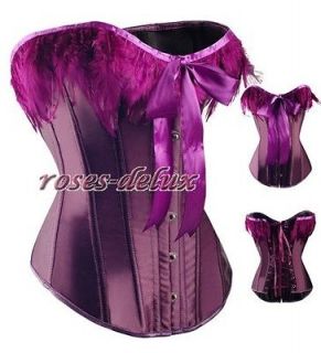 Gothic Purple Lace BOW Feather Corset Size L dew shoulder clothing RD 