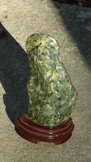 ANTIQUE 19C CHINESE SPINACH JADE SCHOLARS ROCK STATUE ON ROSEWOOD BASE 