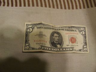 1963 $5 DOLLAR BILL UNITED STATES LEGAL TENDER RED SEAL NOTE ABOUT 