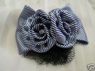 Double Bow Ribbon w Barrette Hair Clip Snood Net Bun Cover Blue Pin 