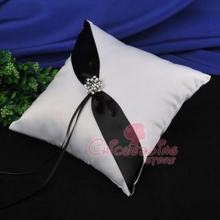   BLACK Satin Wedding Ring Bearer Pillow Ribbon Rhinestone Ring Cushion