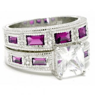   Silver Princess Donna Ruby Cubic Zirconia Bridal Wedding Ring Set
