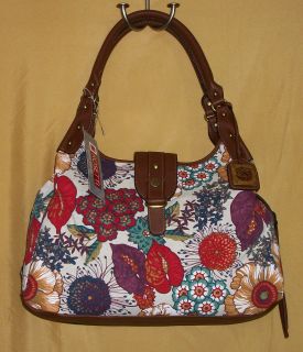 Rosetti floral multi purple red ivory brown 2 H brass satchel handbag 