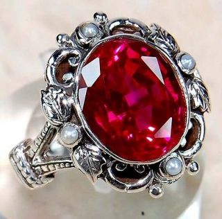 4CT Ruby & Seed Pearl 925 Solid Sterling Silver Victorian Style Ring 