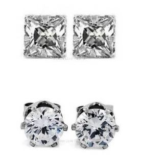 PAIR CZ CLEAR SQUARE/ROUND MAGNETIC STUDS EARRINGS