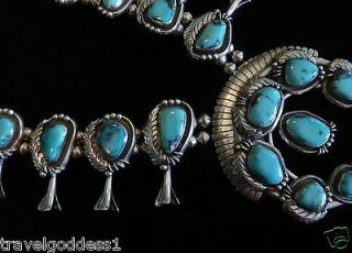Navajo Turquoise Squash Blossom Necklace with Bisbee turquoise 