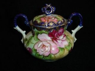Hand painted Nippon sugar bowl lid cobalt red & pink roses gold 