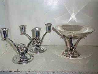   Denmark Silver Plate Center Piece Bowl & Taper Candle Holders Set