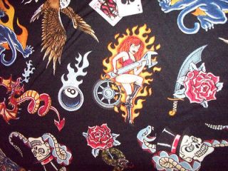 TATTOO SKULL INK BLK HARLEY EAGLE MOTORCYCLE COTTON FABRIC FQ