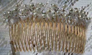 Hair Comb Handmade Swarovski Crystals White Pearls Gold Plated Setting 