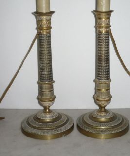 Pair Brass Signed Ornate Candlestick Lamps Turkish or Islamic Design