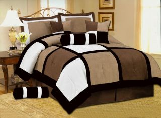 7pc New Brown Black White KING Suede Patch Comforter Set Lot 