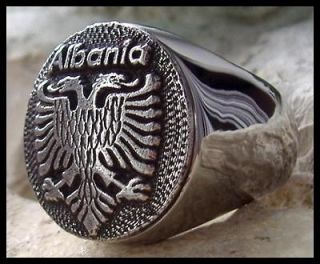US SIZE 8 AJS © ALBANIA RING FRAGA COIN SEAL STAMP STEEL SILVER 