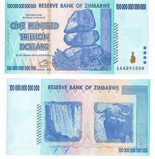 20 100 TRILLION ZIMBABWE DOLLARS CURRENCY MONEY INFLATION BANK NOTE 