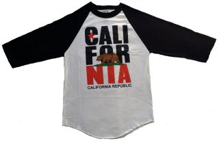 California Republic Raglan T Shirt State Bear Flag Black & White Cali 