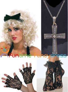 1980s Madonna Fancy Dress Kit Wig With Bow Cross Black Lace Gloves 