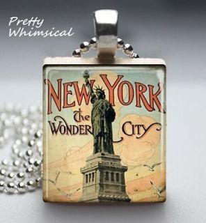 Statue of Liberty NYC vintage travel ad Scrabble Tile Art Pendant FREE 