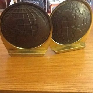 Fantastic Vintage PAIR Metal (Bronze) World Globe (Map) Bookends BOOk 