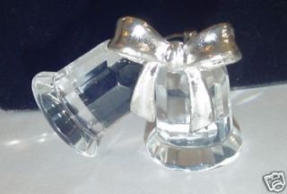 CRYSTAL Glass Double Bells WEDDING Metal Bow w Gift Box