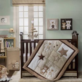   White & Light Brown Teddy Bears w/ Stars Neutral Baby Crib Bedding