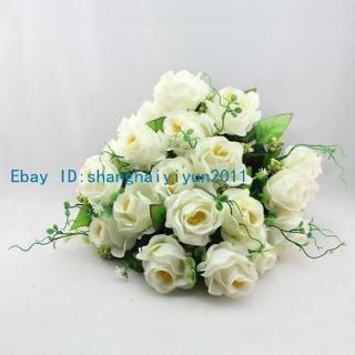 25 PCS Silk Roses Buds Wedding Bouquet Artificial Flowers (White) F71