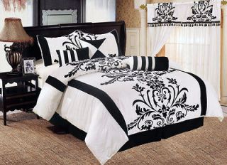 7pc Black White Floral Comforter Set Bed in a bag California /Cal King 
