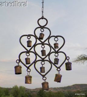 Wrought Iron HEART Windchime With 12 Rustic Metal Bells Wind Chime