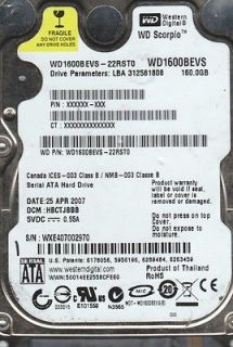 Western Digital 160GB WD1600BEVS 22RST0, DCM HBCTJBBB, SATA 2.5 Hard 
