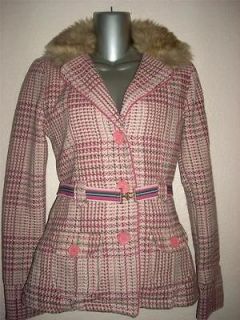 Womans HOLLISTER Pink White Tweed Wool Coat Jacket W Faux Fur Collar 