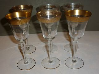 Set of 6 Elegant Gold Scroll Band Vintage Stem Wine Glasses