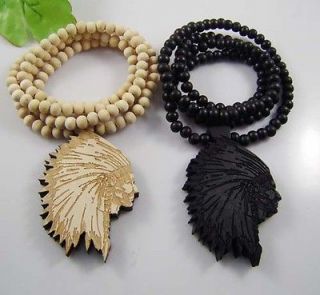   CHIEF LEADER Pendant Bead Wood Necklace Rosary Beaded Chain 90CM