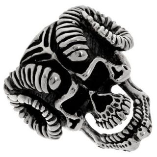   Silver Biker Angry Demon Skull w/ Rum Horns Antlers Ring Size 15