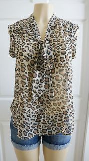 Chiffon Sheer Jaguar Animal Print Sleeveless Button Down Shirt Neck 