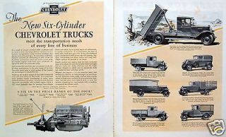 1929 2 Page Print Ad Chevrolet Trucks Utility Dump Body Light & Sedan 