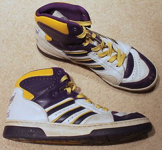 Vintage ADIDAS White Purple Gold LEATHER Basketball High Top Athletic 