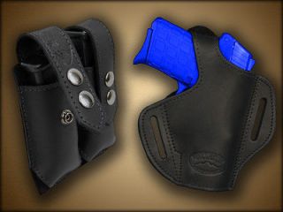 Barsony Black Leather Pancake Holster +Double Magazine Pouch S&W 