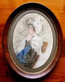 ANTIQUE PROFILE PASTEL PORTRAIT OF A YOUNG LADY IN LACE BONNET 