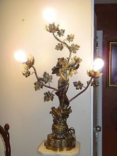 OLD ART NOUVEAU SPELTER TABLE LAMP ( THREE LIGHTS AND 3 FEET).