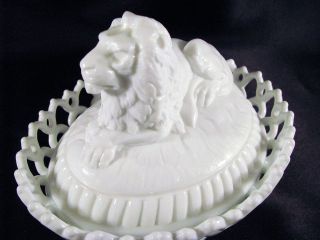 Atterbury 1889 Milk Glass Lion Covered Dish Open Lace Base Pat Aug 6 