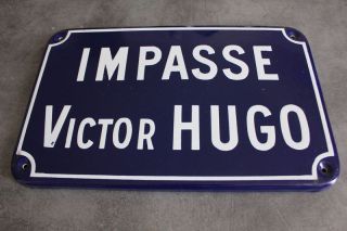 OLD FRENCH REAL ENAMEL METAL PLAQUE STREET NAME VICTOR HUGO 1970s