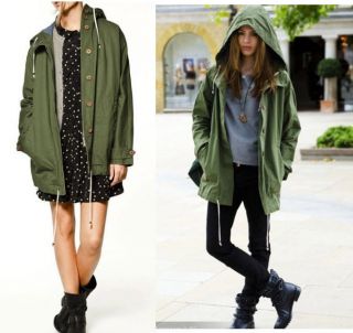 2012 NEW Womens Vintage Army Green Military Trench Hooded Coat Parka 