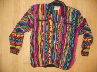 Vtg COOGI AUSTRALIA Rainbow Button Up Sweater CRAZY COLORS Mens SMALL 