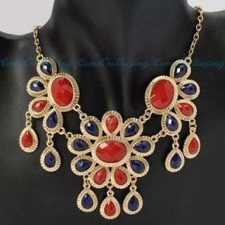   Golden Chain Flower Water Drop Blue Red Resin Beads Pendant Necklace