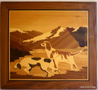 Vintage Wood Inlay Marquetry Picture of Dogs on the Trail Signed Herb 